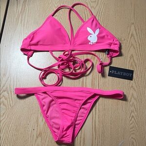 B16 New Women's PLAYBOY Hot Pink 2pc String Bikini Swimwear Set Medium/Small